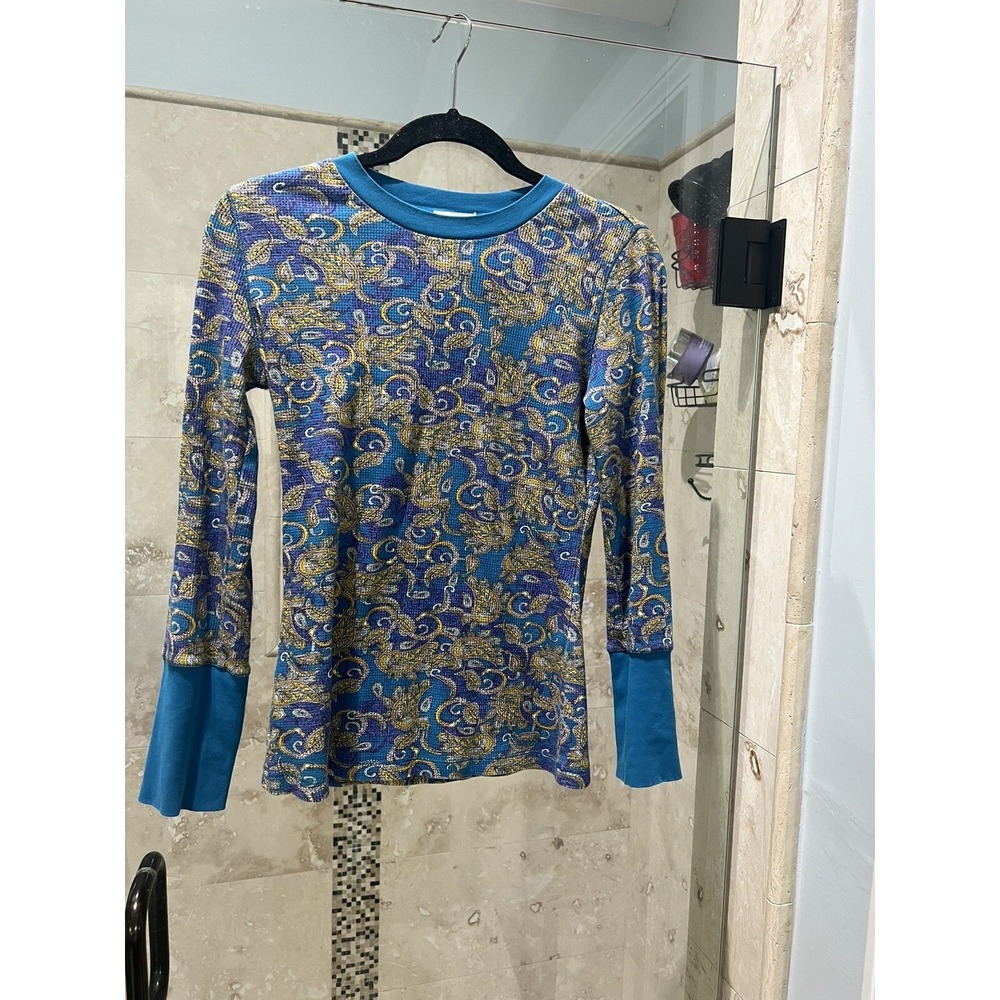 Sundance Blue Paisley Thermal Long Sleeve Top Waffle Knit Velvet Trim Small